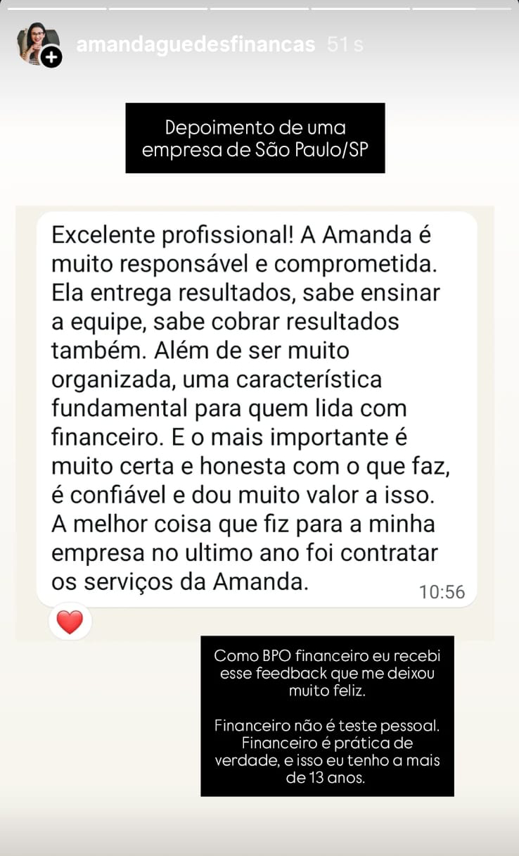 agradecimento de cliente - Consultoria Financeira Empresarial e BPO Financeiro
